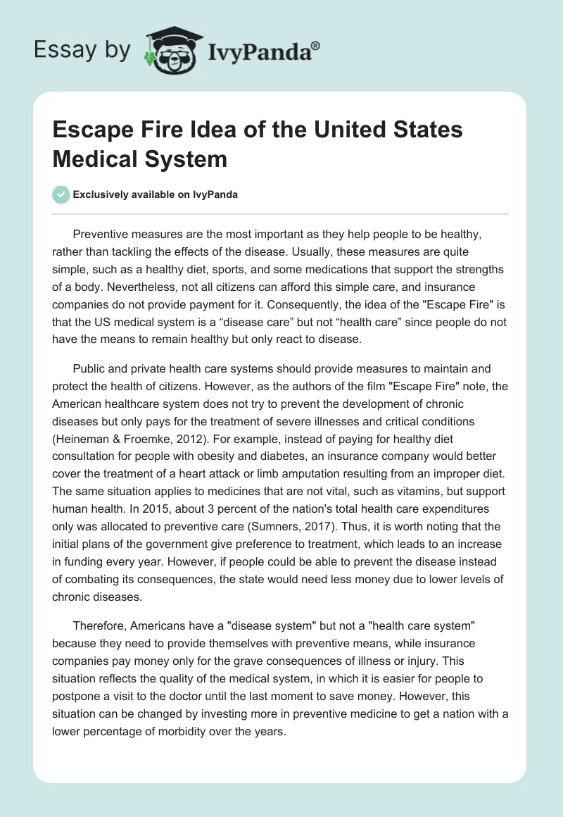 "Escape Fire" Idea of the United States Medical System. Page 1