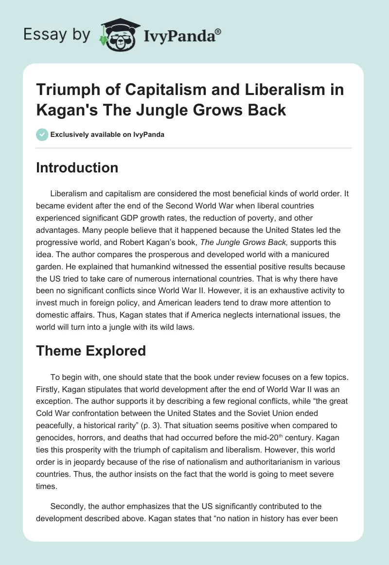 Triumph of Capitalism and Liberalism in Kagan’s "The Jungle Grows Back". Page 1