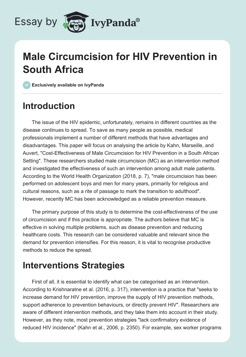 Male Circumcision for HIV Prevention in South Africa. Page 1