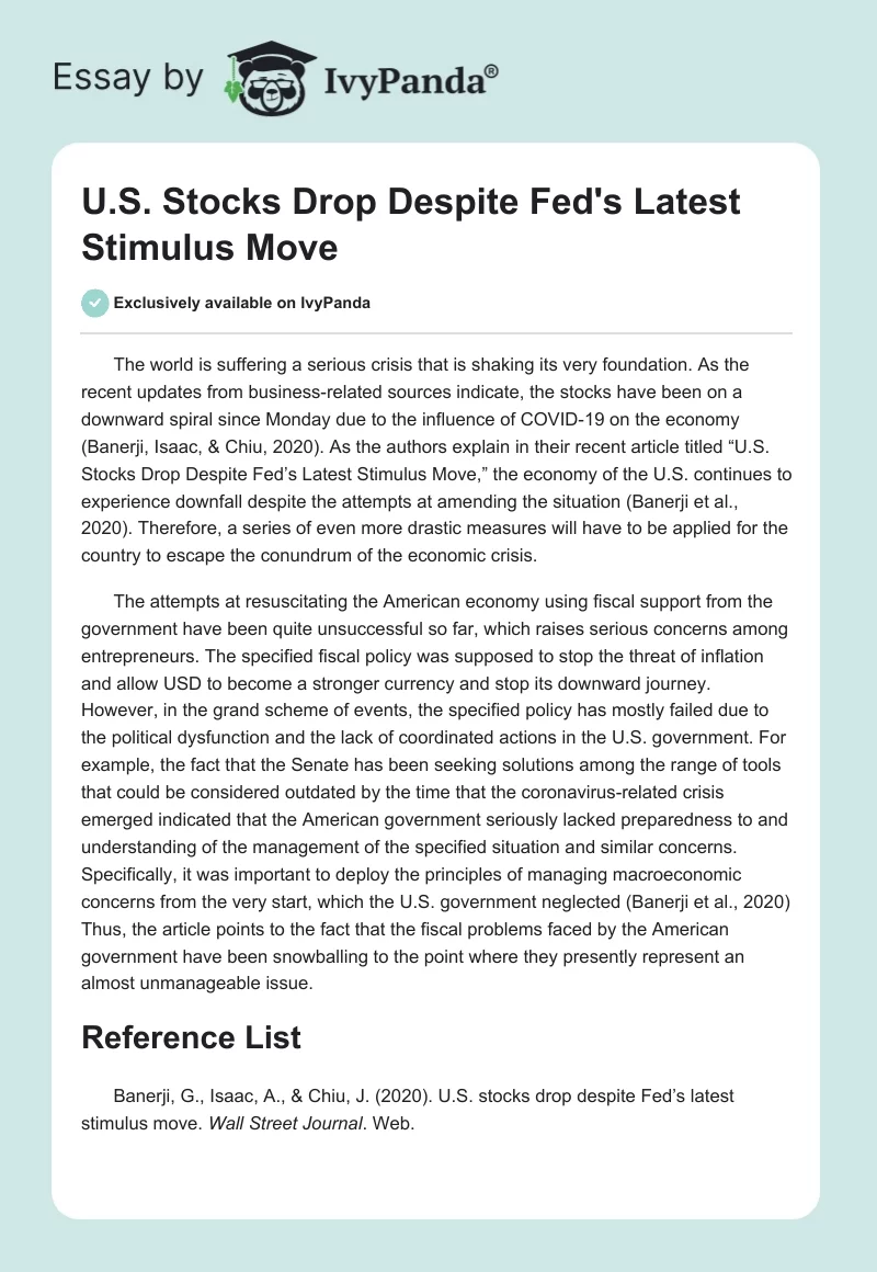 U.S. Stocks Drop Despite Fed's Latest Stimulus Move. Page 1