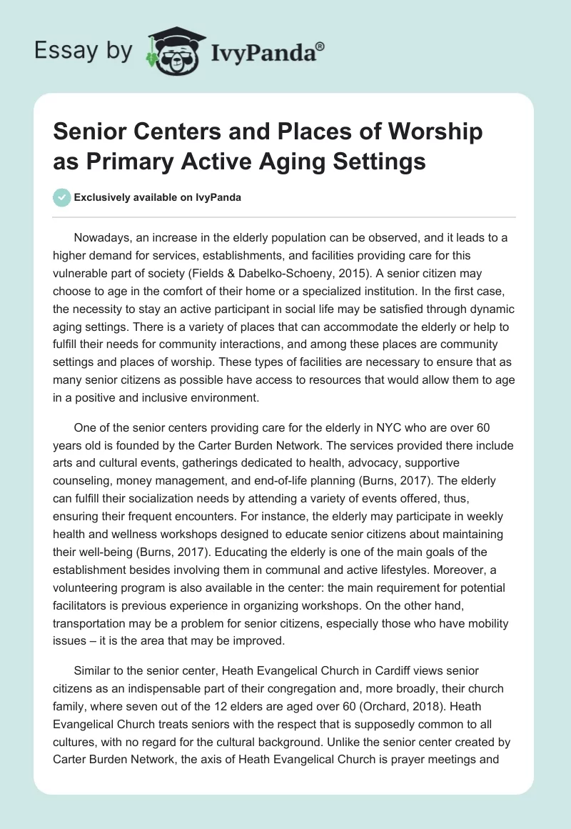 Senior Centers and Places of Worship as Primary Active Aging Settings. Page 1