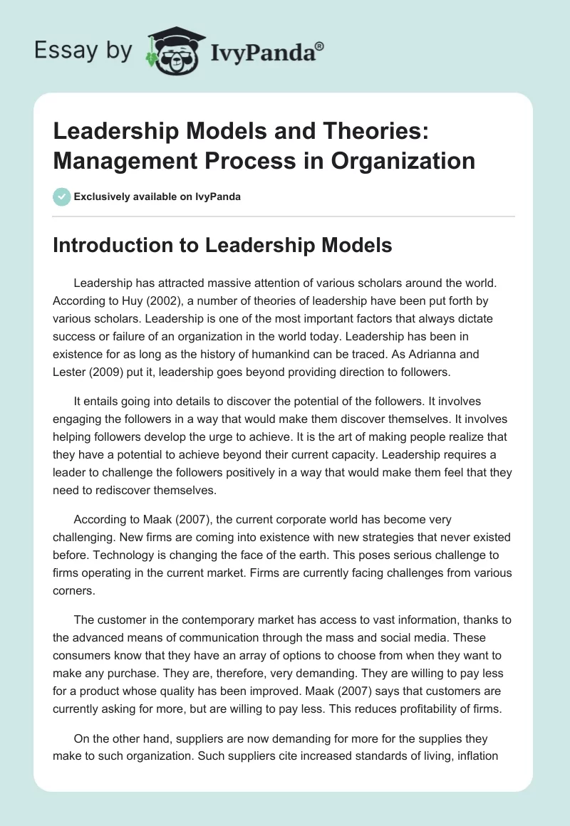Leadership Models and Theories: Management Process in Organization. Page 1