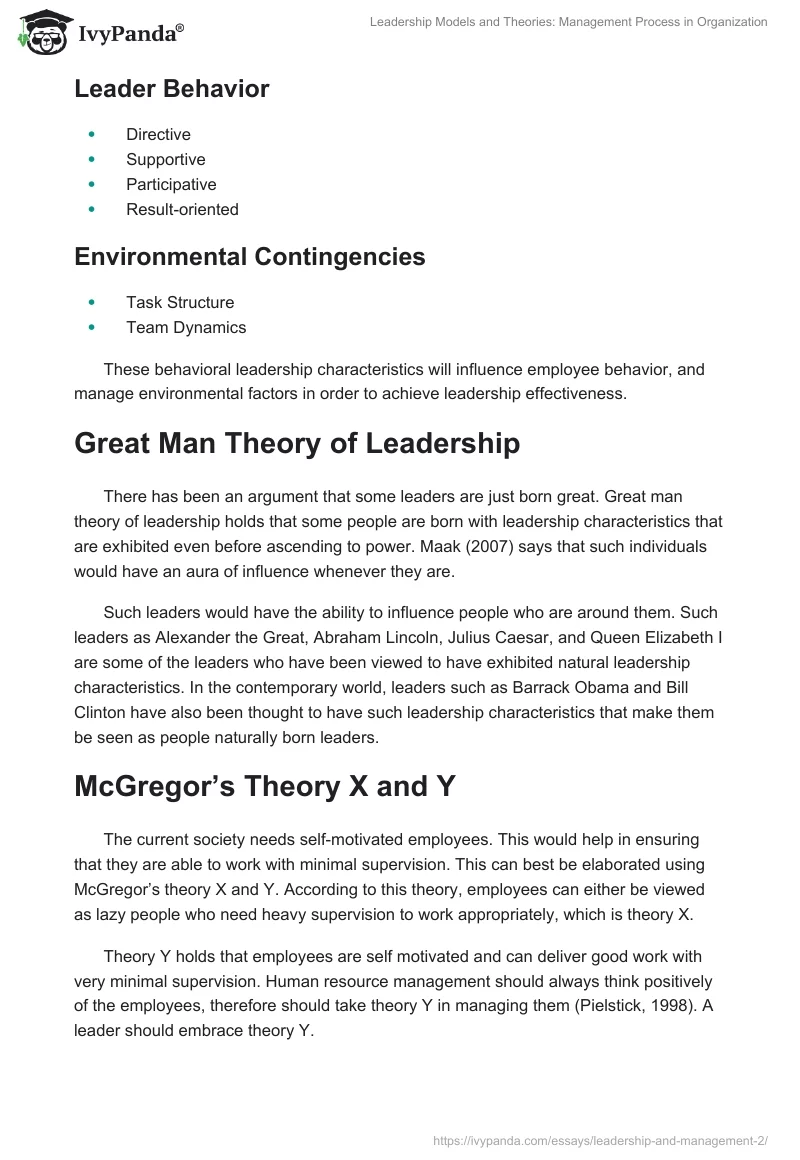 Leadership Models and Theories: Management Process in Organization. Page 4