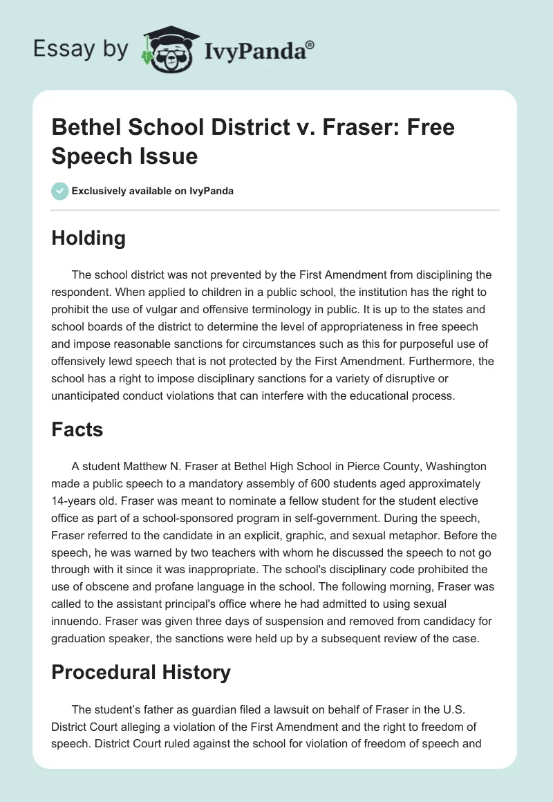 Bethel School District v. Fraser: Free Speech Issue. Page 1