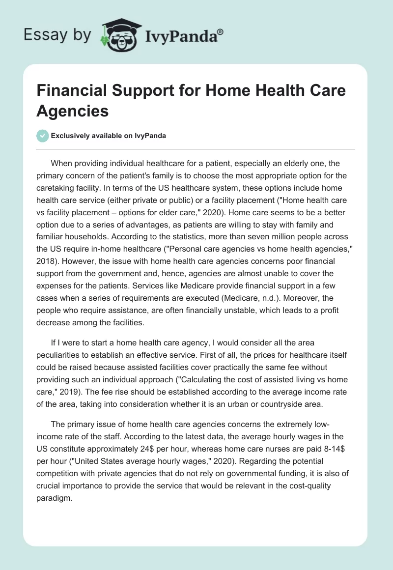 Financial Support for Home Health Care Agencies. Page 1