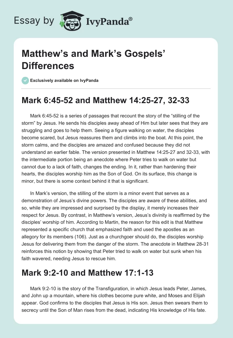 Matthew’s and Mark’s Gospels’ Differences. Page 1
