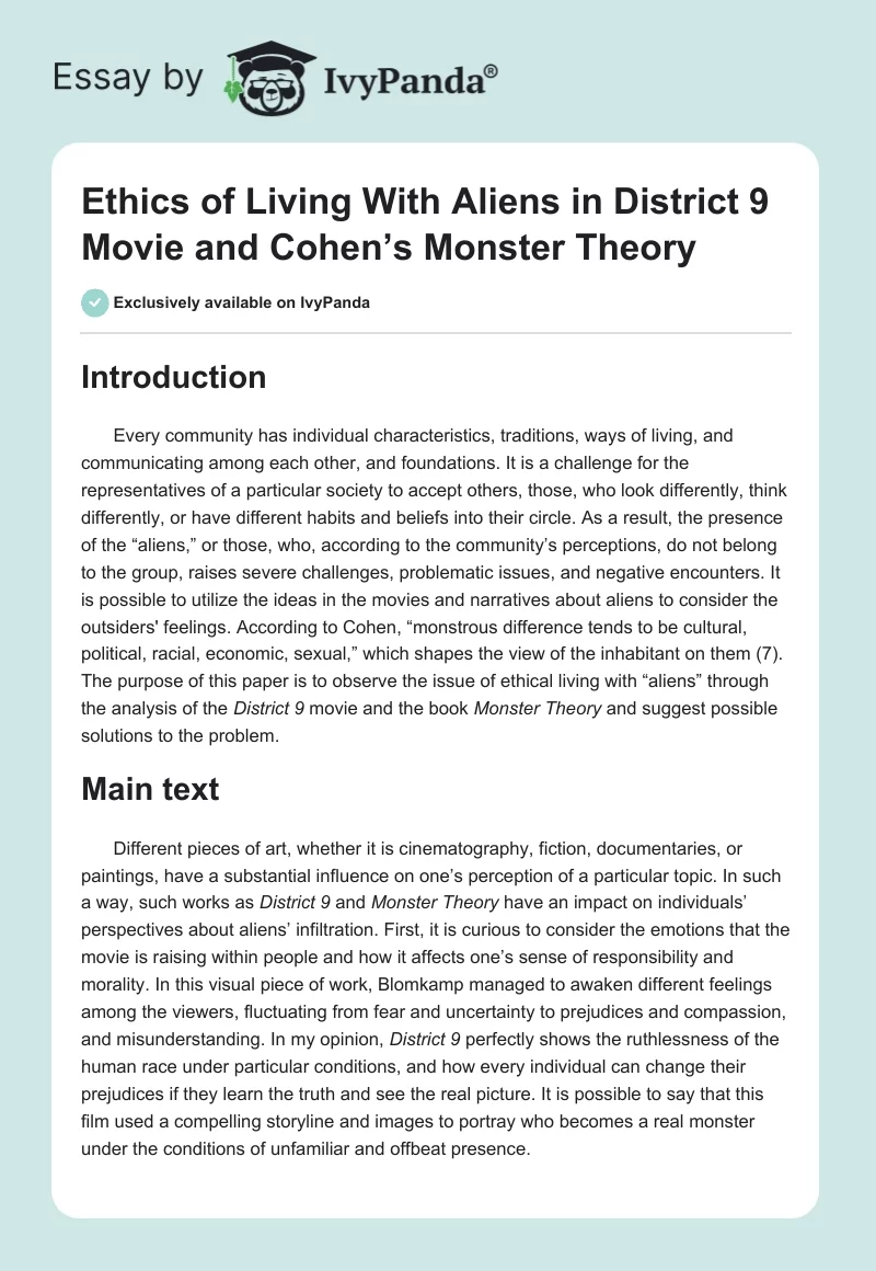 Ethics of Living With Aliens in District 9 Movie and Cohen’s Monster Theory. Page 1