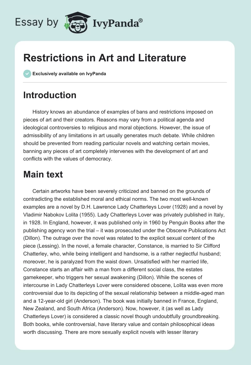 Restrictions in Art and Literature. Page 1