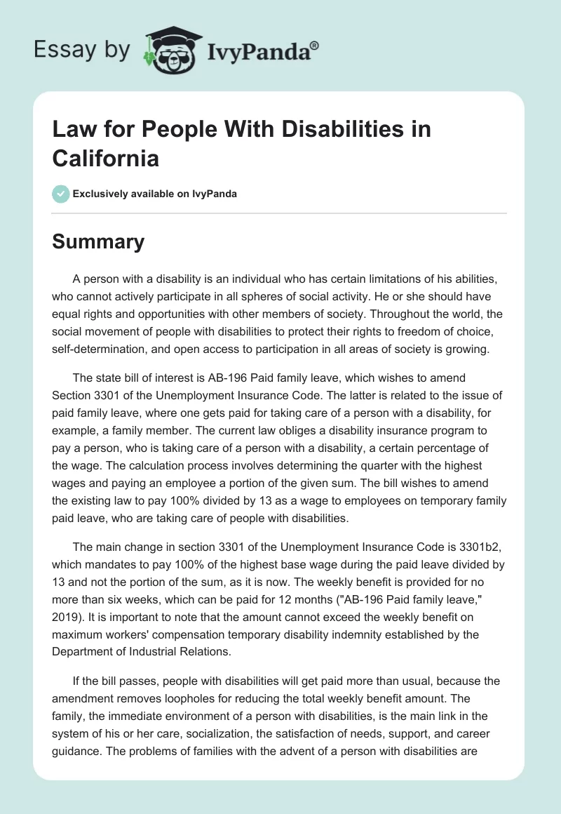 Law for People With Disabilities in California. Page 1