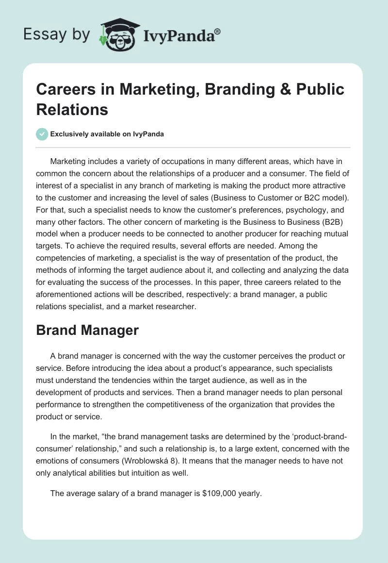 Careers in Marketing, Branding & Public Relations. Page 1