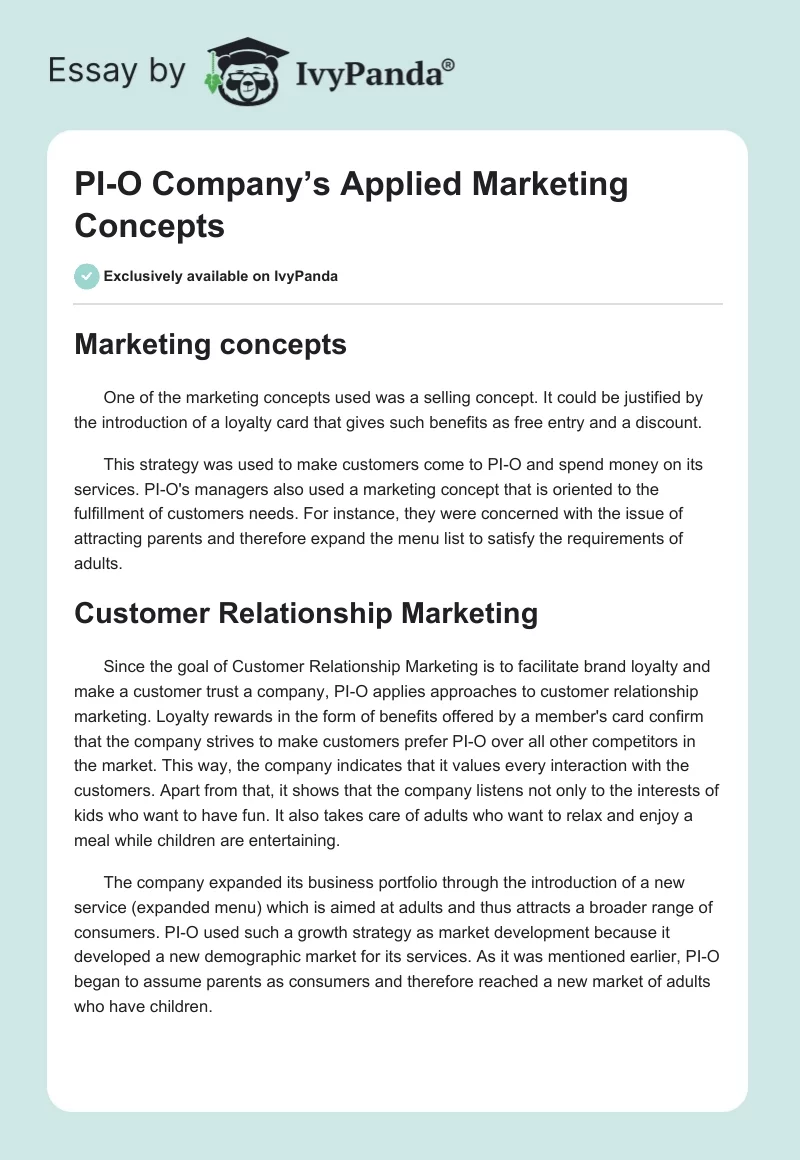 PI-O Company’s Applied Marketing Concepts. Page 1