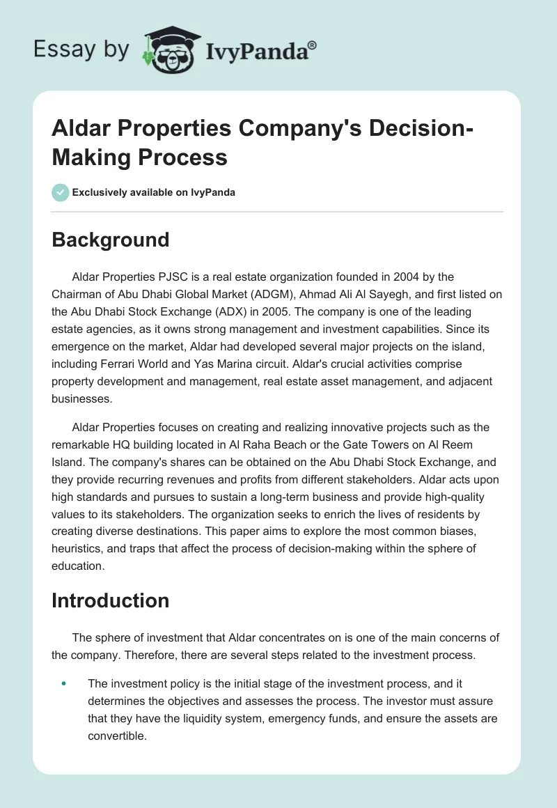Aldar Properties Company's Decision-Making Process. Page 1