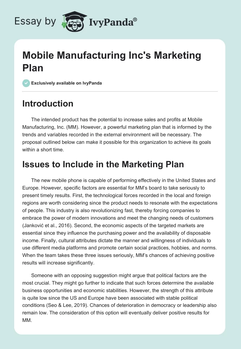 Mobile Manufacturing Inc's Marketing Plan. Page 1