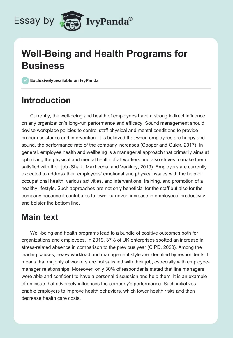 Well-Being and Health Programs for Business. Page 1