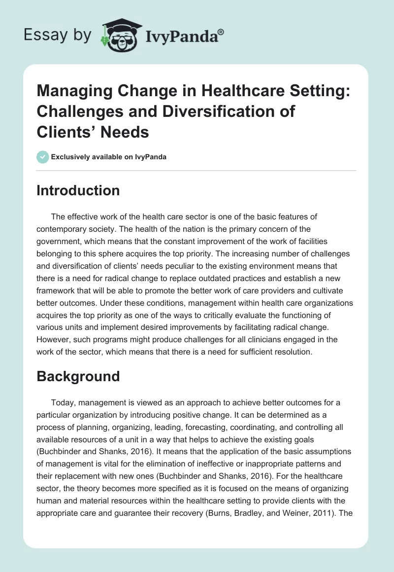 Managing Change in Healthcare Setting: Challenges and Diversification of Clients’ Needs. Page 1