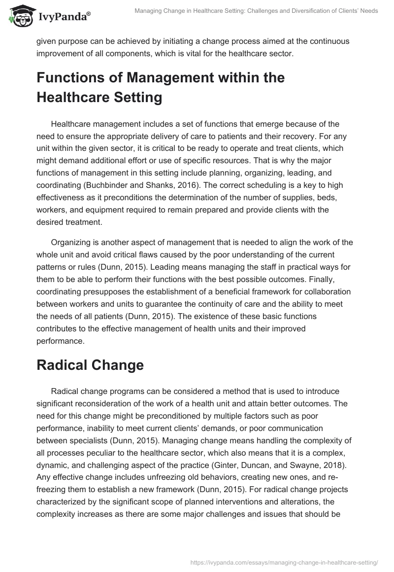 Managing Change in Healthcare Setting: Challenges and Diversification of Clients’ Needs. Page 2