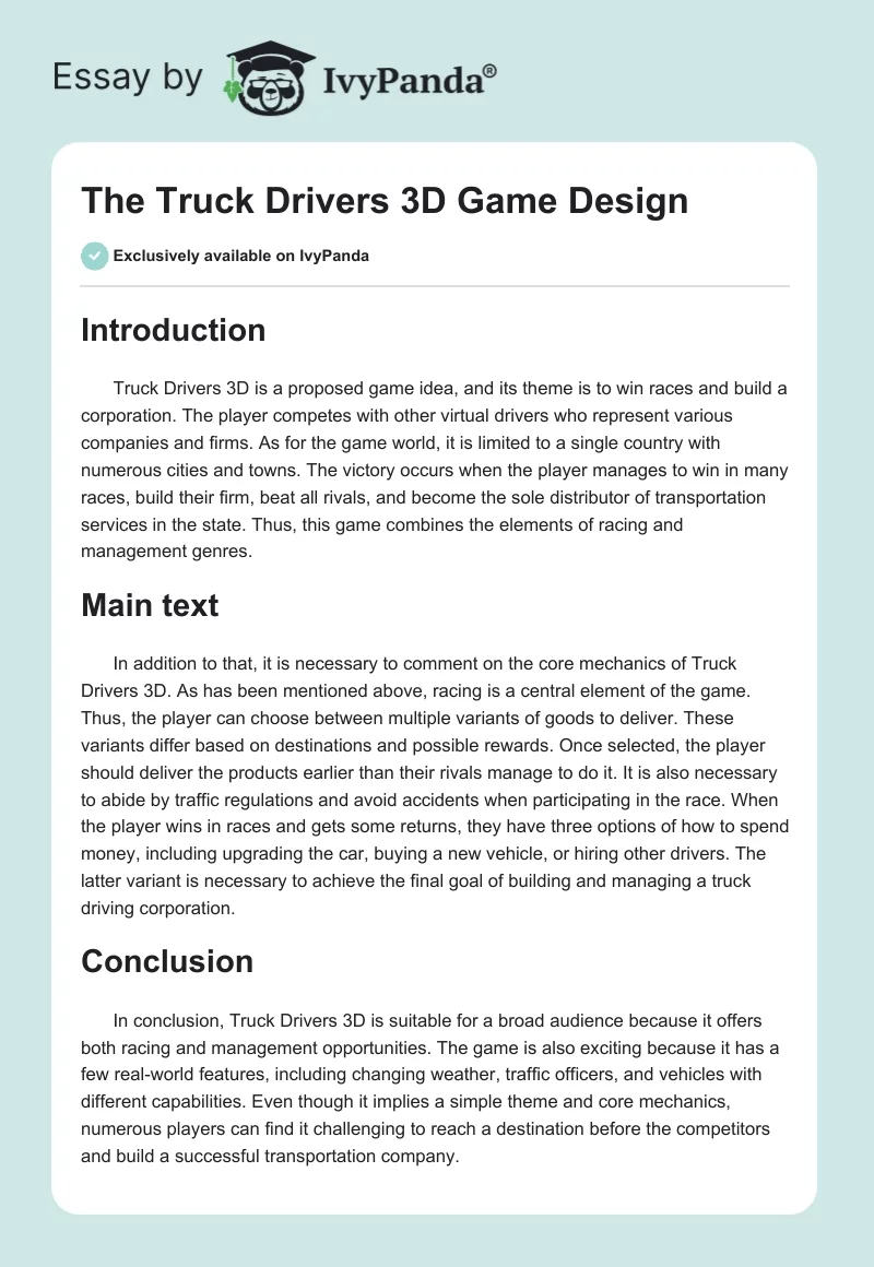 The Truck Drivers 3D Game Design. Page 1