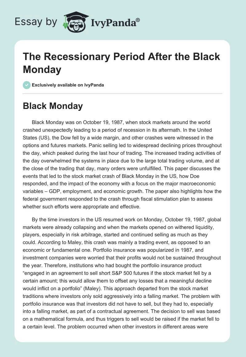 The Recessionary Period After the Black Monday. Page 1