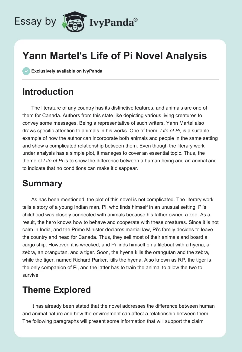 "Yann Martel's "Life of Pi" Novel Analysis". Page 1