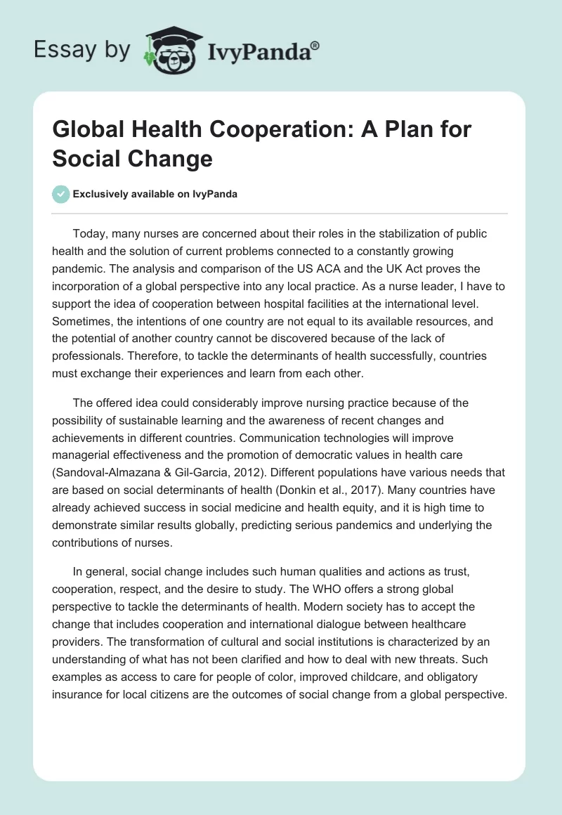 Global Health Cooperation: A Plan for Social Change. Page 1