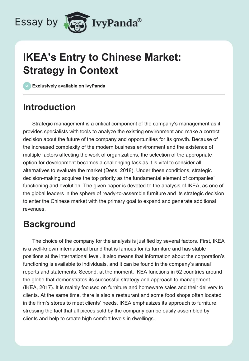 IKEA’s Entry to Chinese Market: Strategy in Context. Page 1
