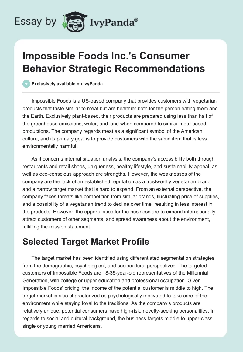Impossible Foods Inc.'s Consumer Behavior Strategic Recommendations. Page 1
