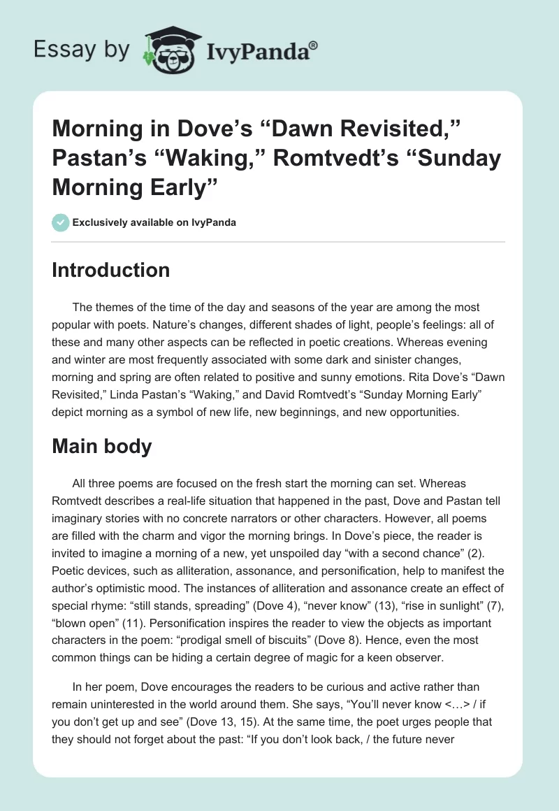Morning in Dove’s “Dawn Revisited,” Pastan’s “Waking,” Romtvedt’s “Sunday Morning Early”. Page 1