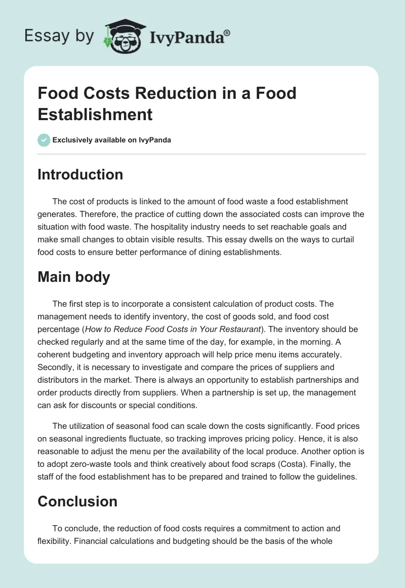 Food Costs Reduction in a Food Establishment. Page 1