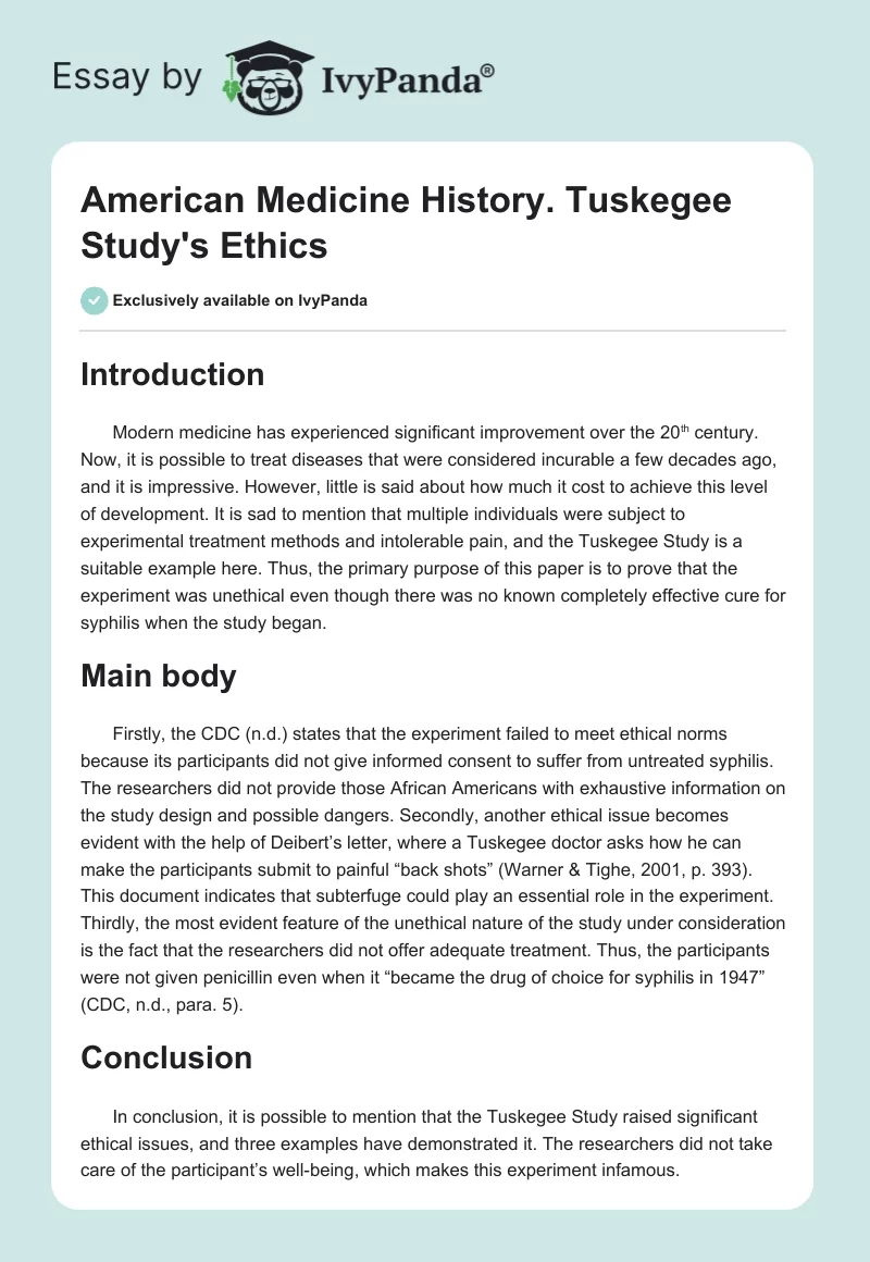 American Medicine History. Tuskegee Study's Ethics. Page 1