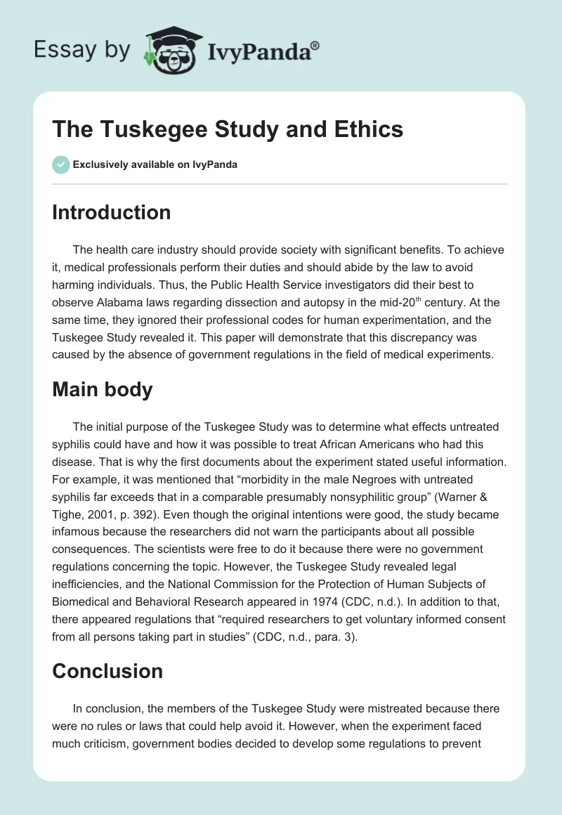 The Tuskegee Study and Ethics. Page 1