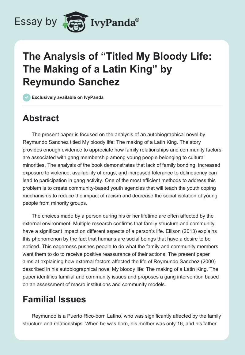 The Analysis of “Titled My Bloody Life: The Making of a Latin King” by Reymundo Sanchez. Page 1