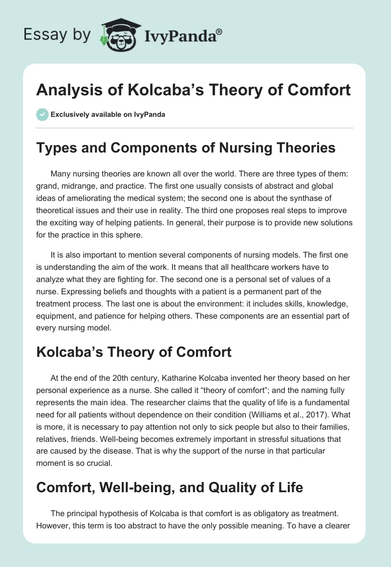 Analysis of Kolcaba’s Theory of Comfort. Page 1