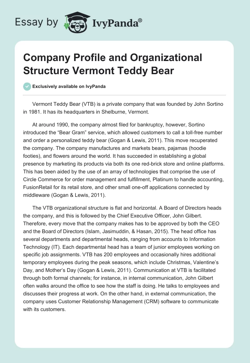Company Profile and Organizational Structure Vermont Teddy Bear. Page 1