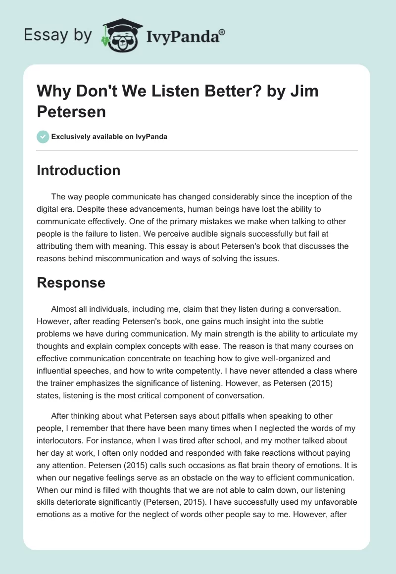 "Why Don't We Listen Better?" by Jim Petersen. Page 1