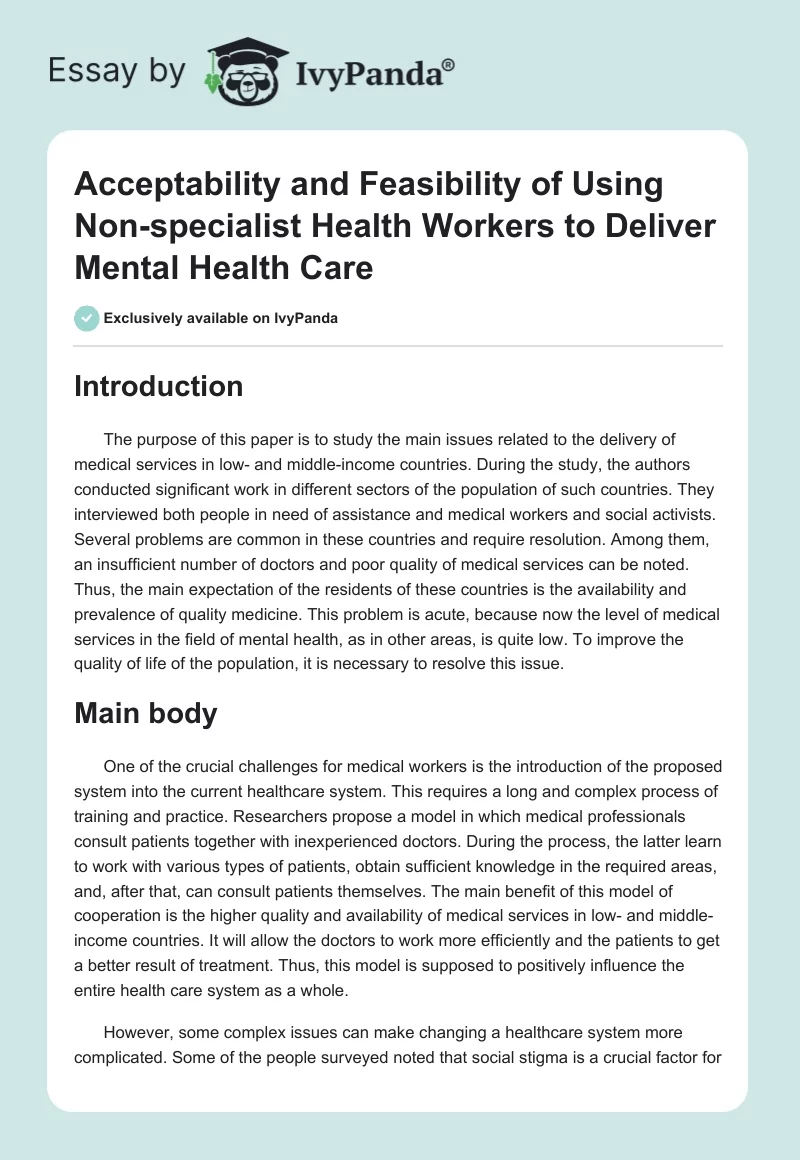 Acceptability and Feasibility of Using Non-Specialist Health Workers to Deliver Mental Health Care. Page 1