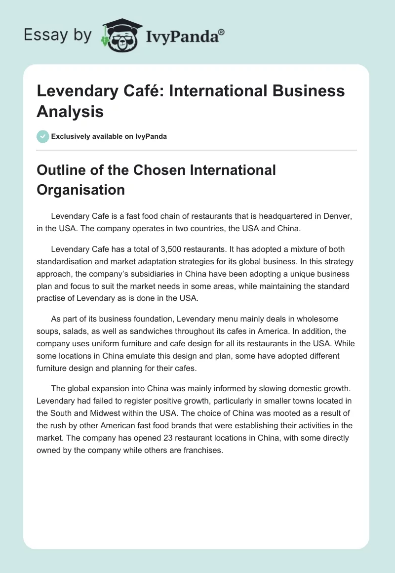 Levendary Café: International Business Analysis. Page 1