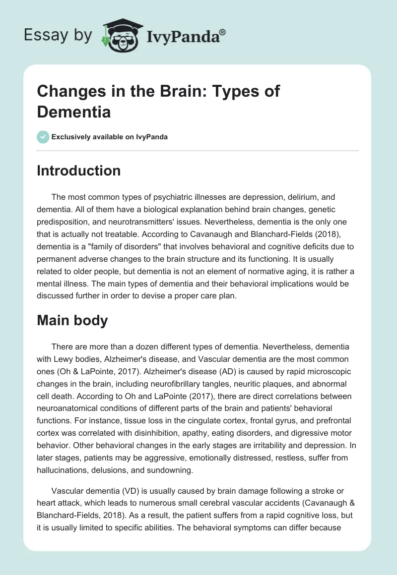 Changes in the Brain: Types of Dementia. Page 1