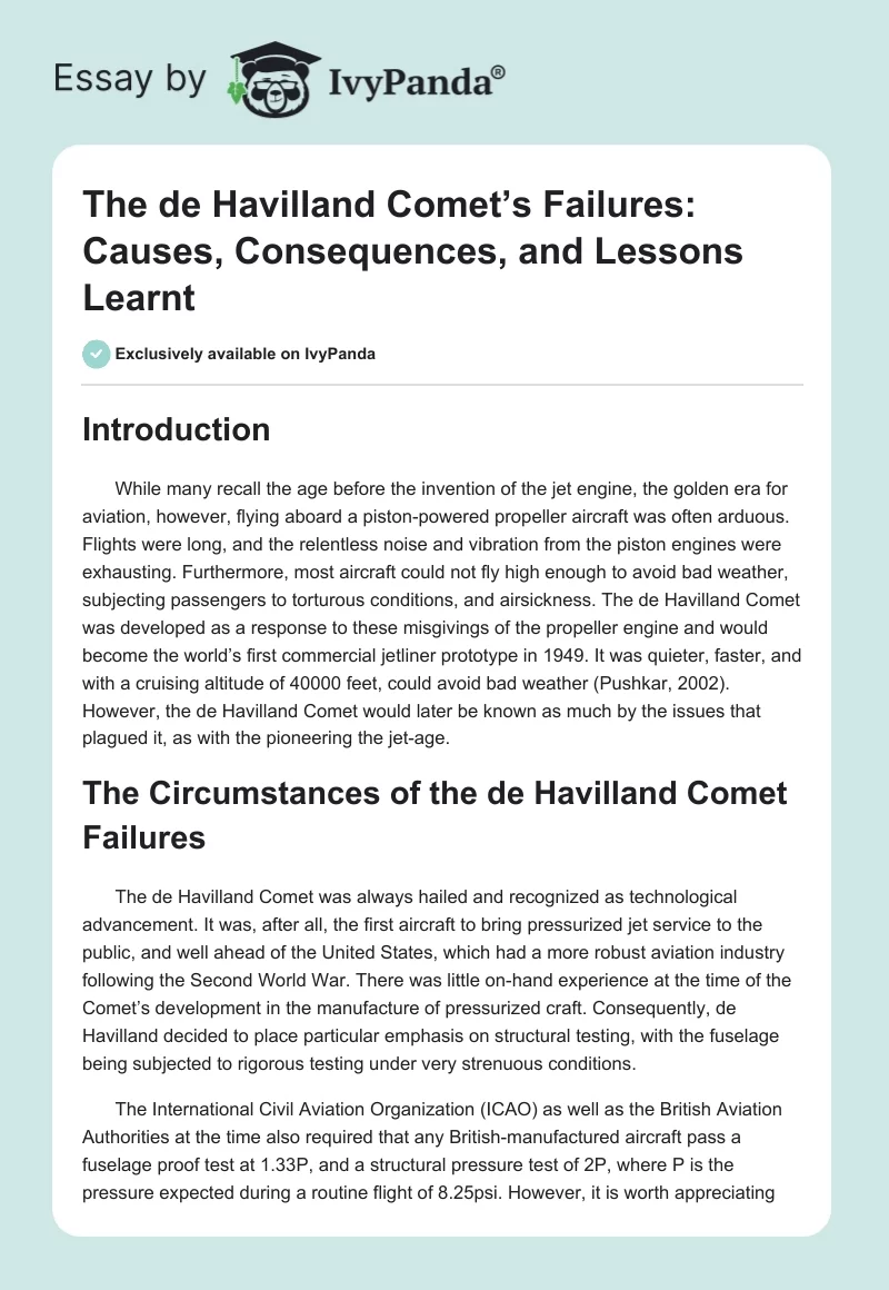 The de Havilland Comet’s Failures: Causes, Consequences, and Lessons Learnt. Page 1