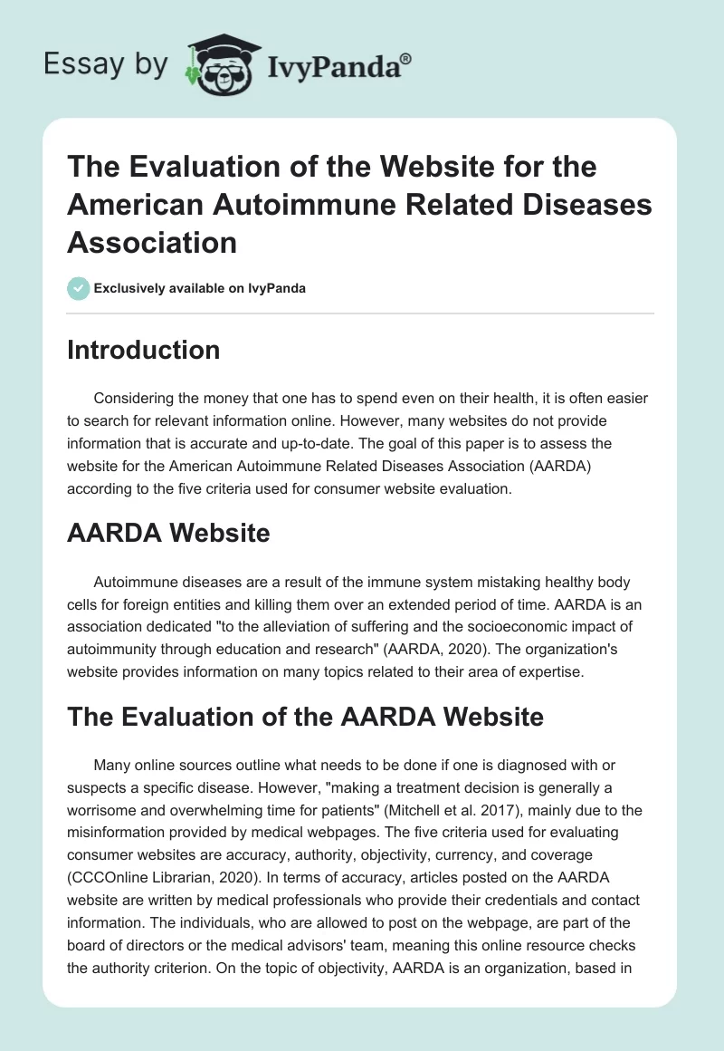 The Evaluation of the Website for the American Autoimmune Related Diseases Association. Page 1