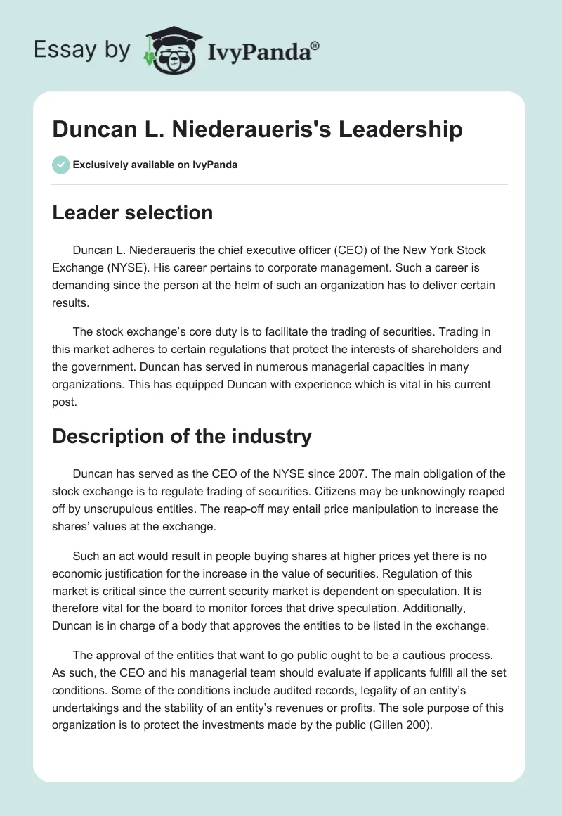 Duncan L. Niederaueris's Leadership. Page 1