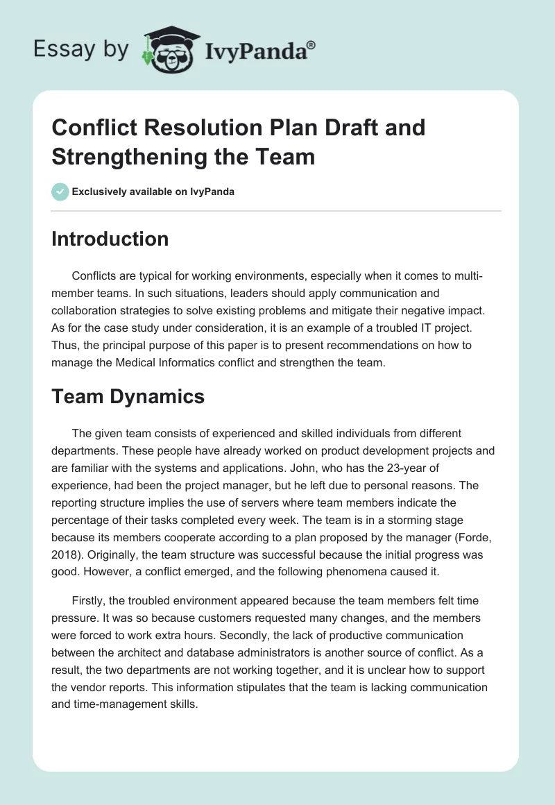 Conflict Resolution Plan Draft and Strengthening the Team. Page 1
