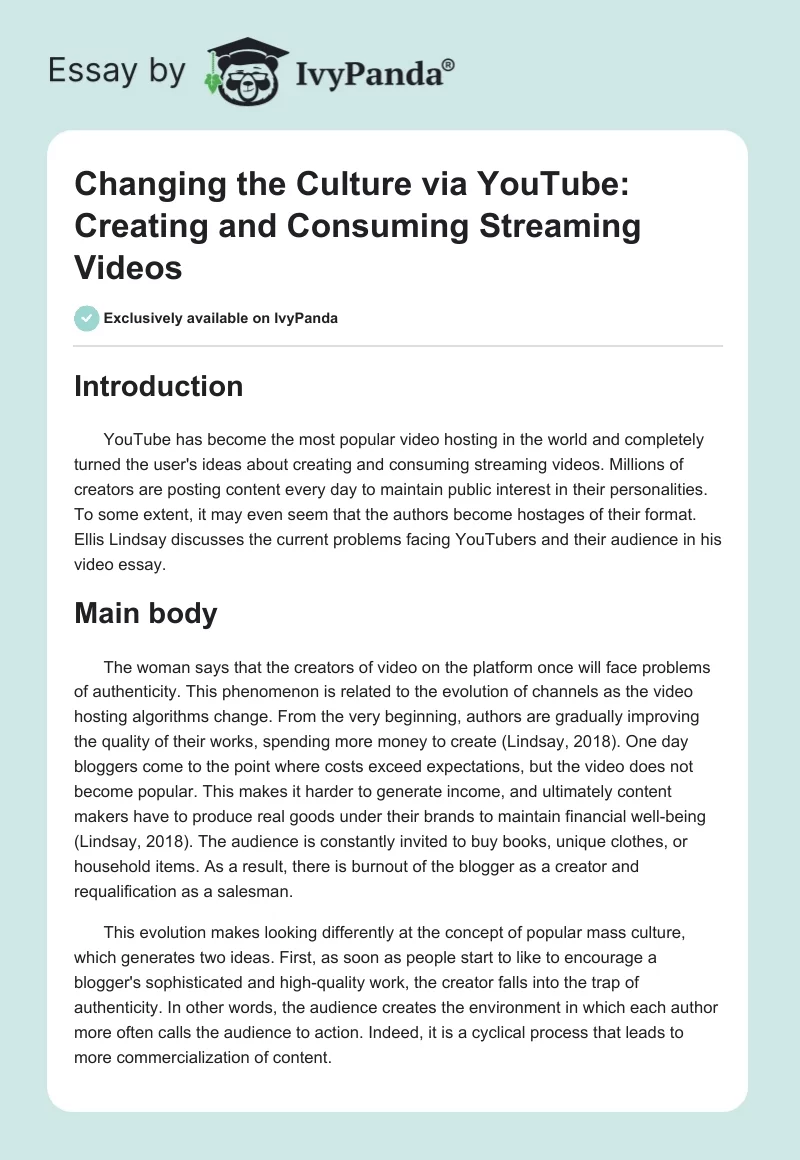 Changing the Culture via YouTube: Creating and Consuming Streaming Videos. Page 1