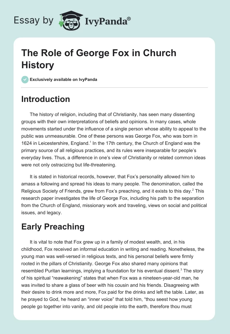 The Role of George Fox in Church History. Page 1