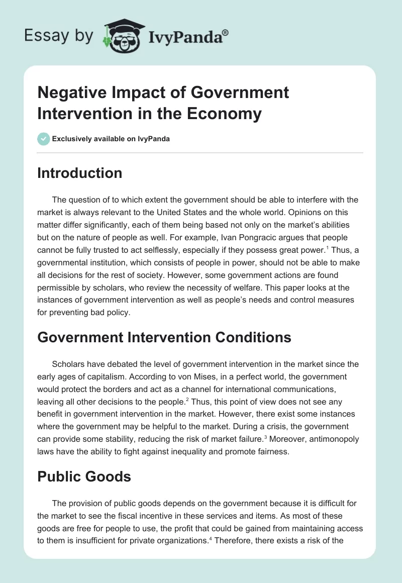 Negative Impact of Government Intervention in the Economy. Page 1