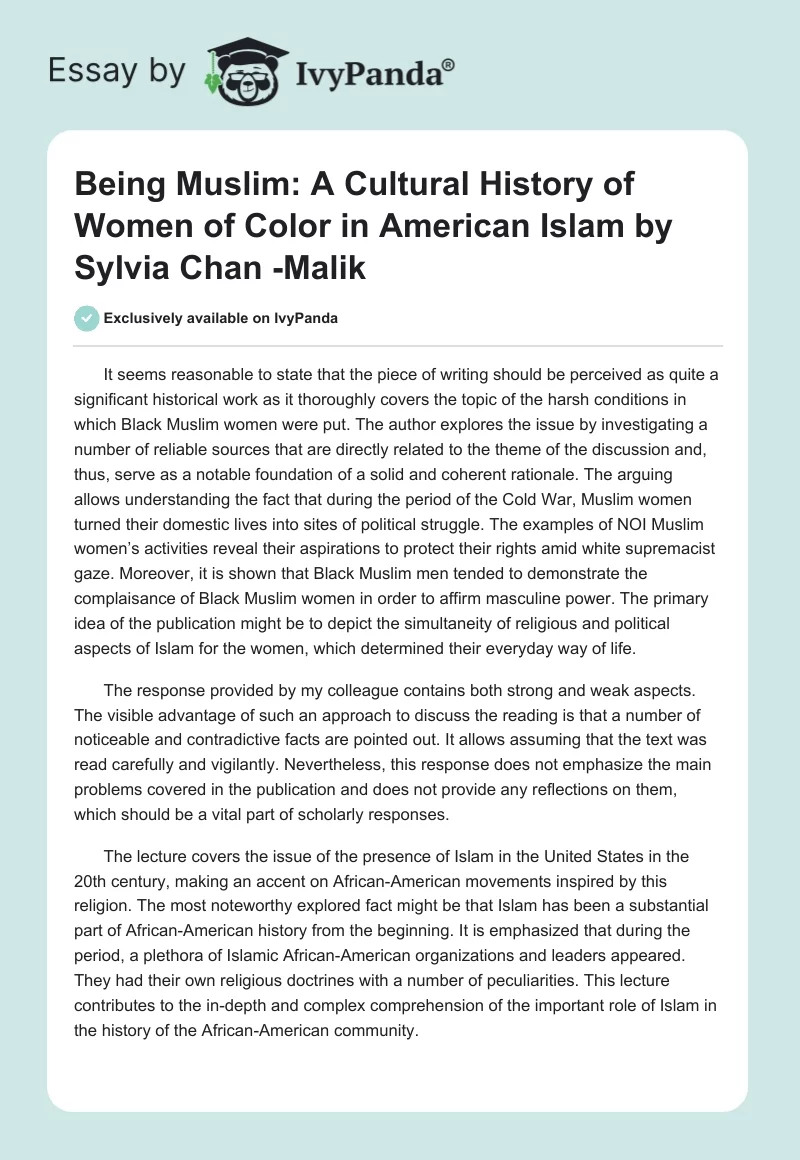 "Being Muslim: A Cultural History of Women of Color in American Islam" by Sylvia Chan -Malik. Page 1