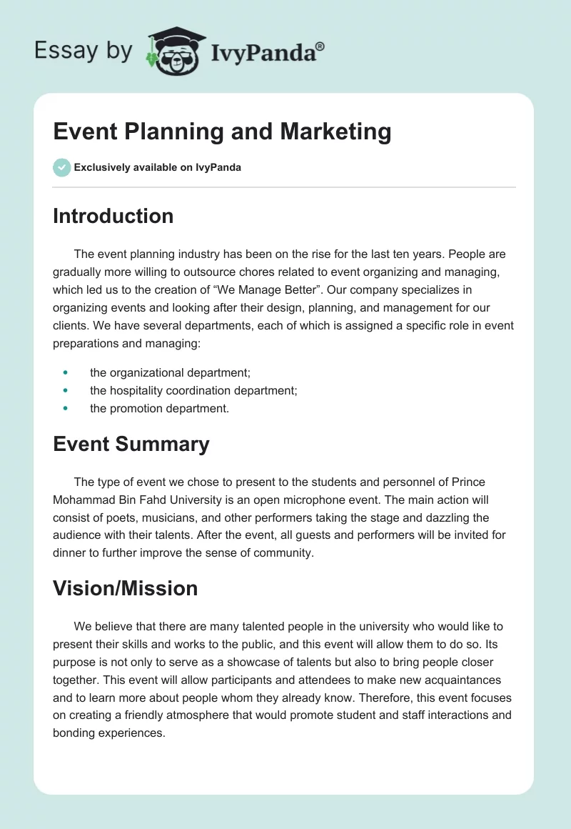 Event Planning and Marketing. Page 1