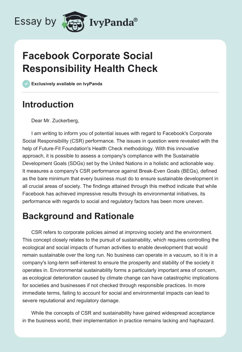 Facebook Corporate Social Responsibility Health Check. Page 1