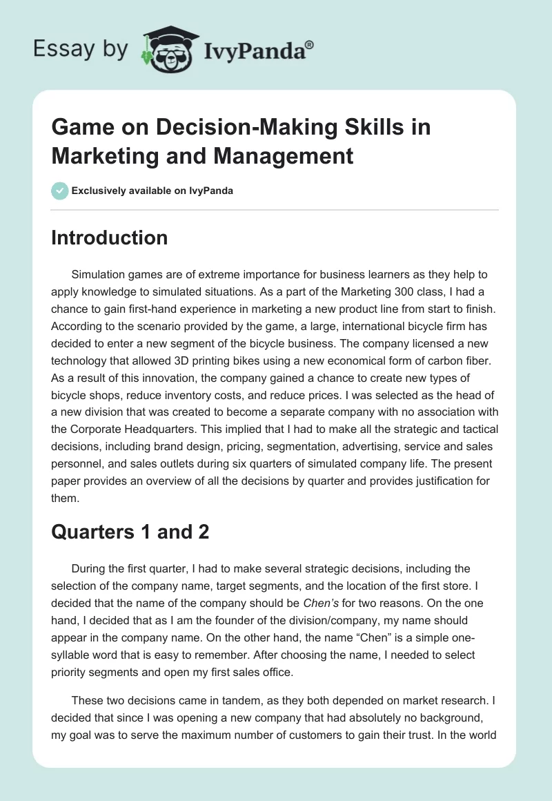 Game on Decision-Making Skills in Marketing and Management. Page 1