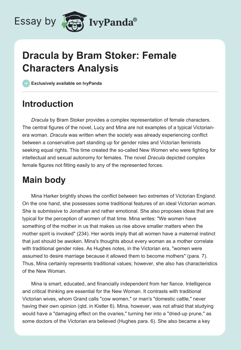 "Dracula" by Bram Stoker: Female Characters Analysis. Page 1