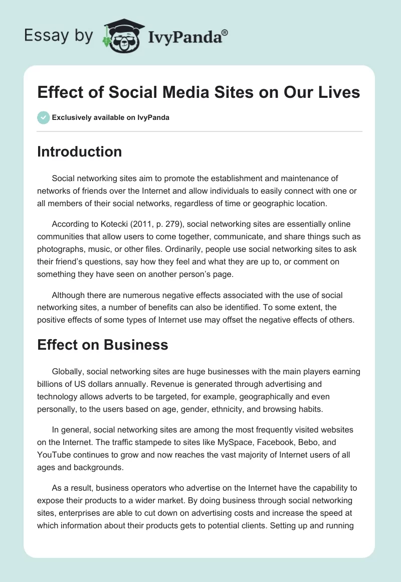 Effect of Social Media Sites on Our Lives. Page 1
